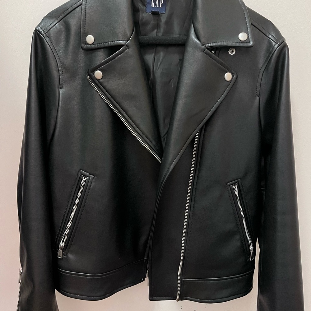 GAP Double-breasted Black Moto Jacket with Silver Accents